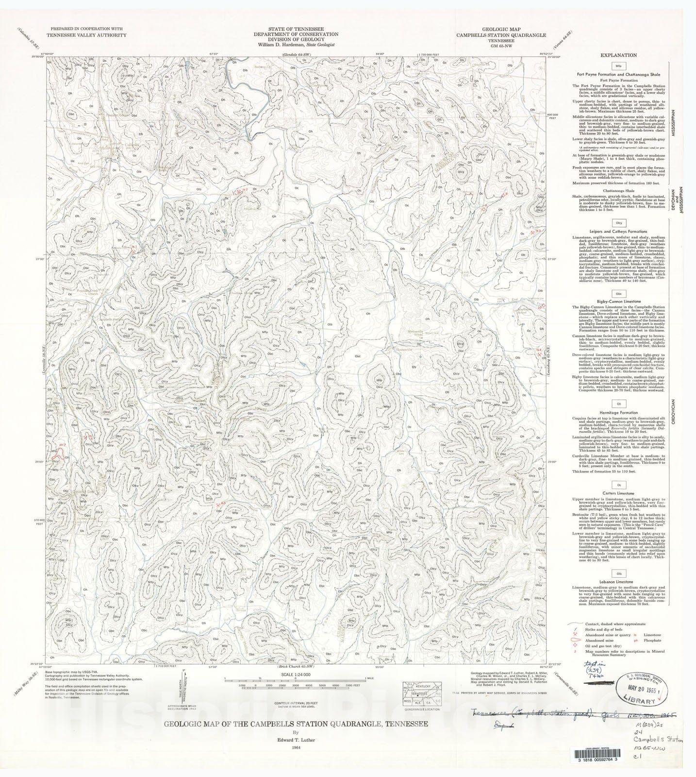 Map : Geologic Map and Mineral Resources Summary of the Campbells Station Quadrangle, 1964 Cartography Wall Art :