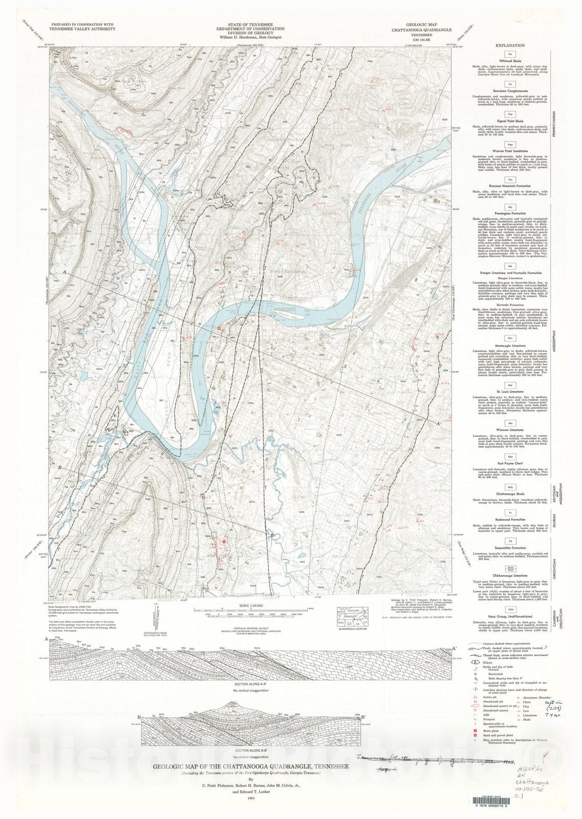 Map : Geologic Map and Mineral Resources Summary of the Chattanooga Quadrangle (Including the Tennessee portion of the Fort Oglethorpe Q, 1966 Cartography Wall Art :