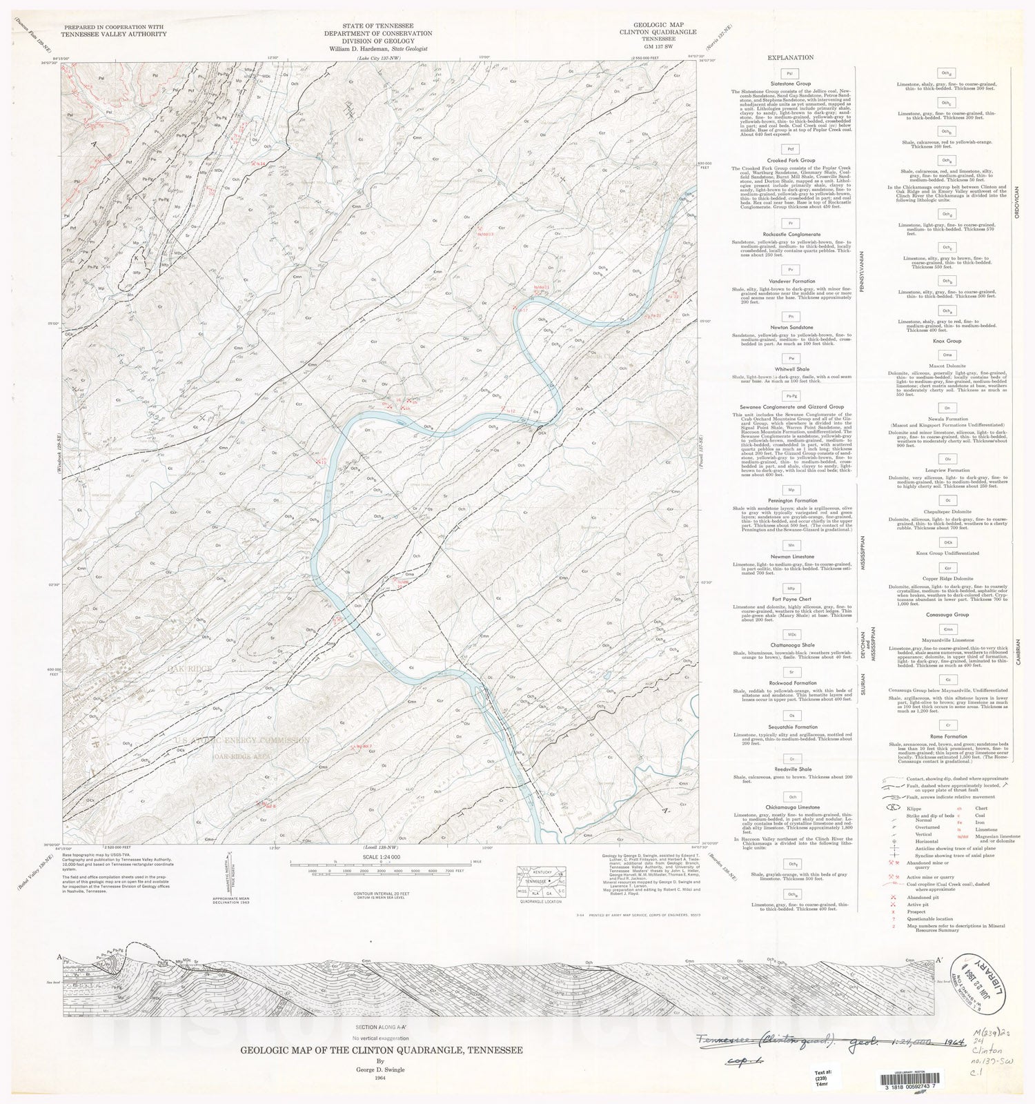 Map : Geologic Map and Mineral Resources Summary of the Clinton Quadrangle (Blackline Copy Only), 1964 Cartography Wall Art :