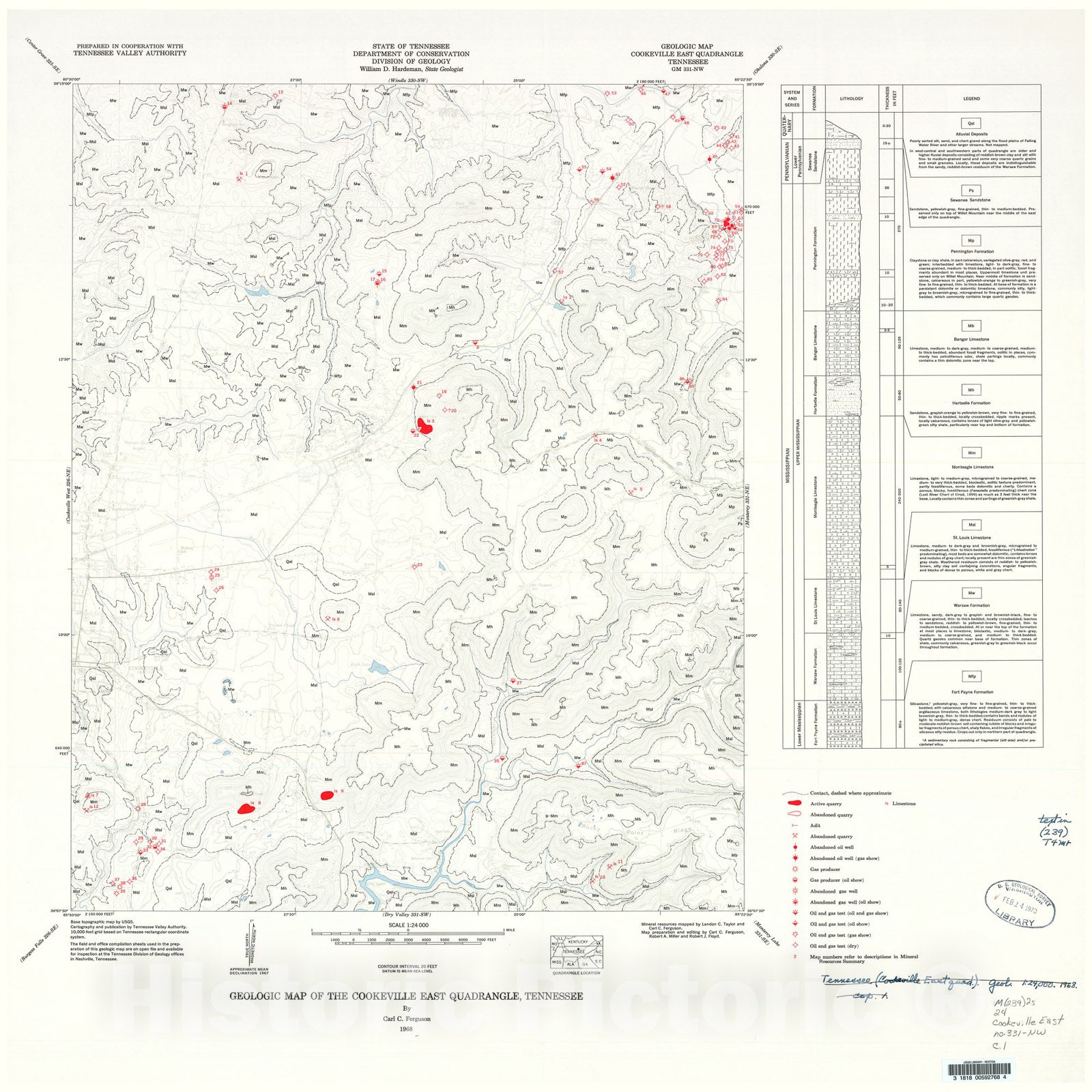 Map : Geologic Map and Mineral Resources Summary of the Cookeville East Quadrangle, 1968 Cartography Wall Art :