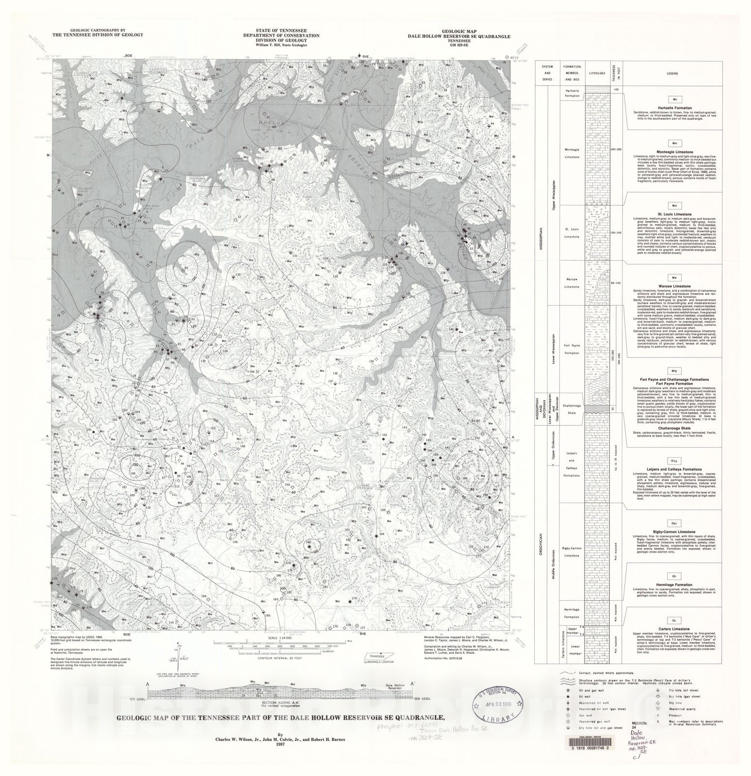 Map : Geologic Map and Mineral Resources Summary of the Dale Hollow Reservoir SE Quadrangle, 1988 Cartography Wall Art :