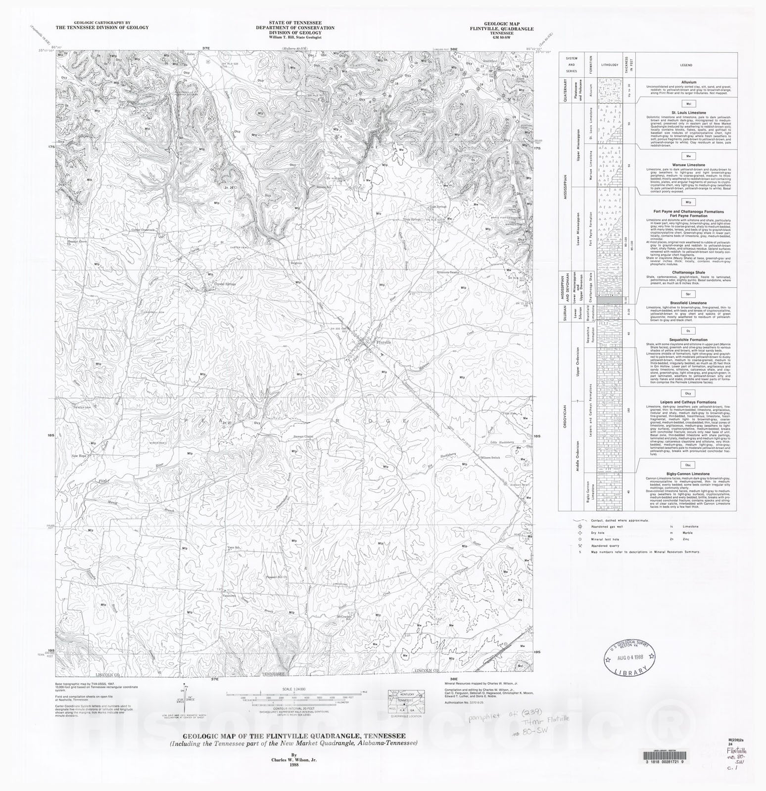 Map : Geologic Map and Mineral Resources Summary of the Flintville Quadrangle (Including the Tennessee part of the New Market Quadrangle, Alabama-Tennessee), 1988 Cartography Wall Art :