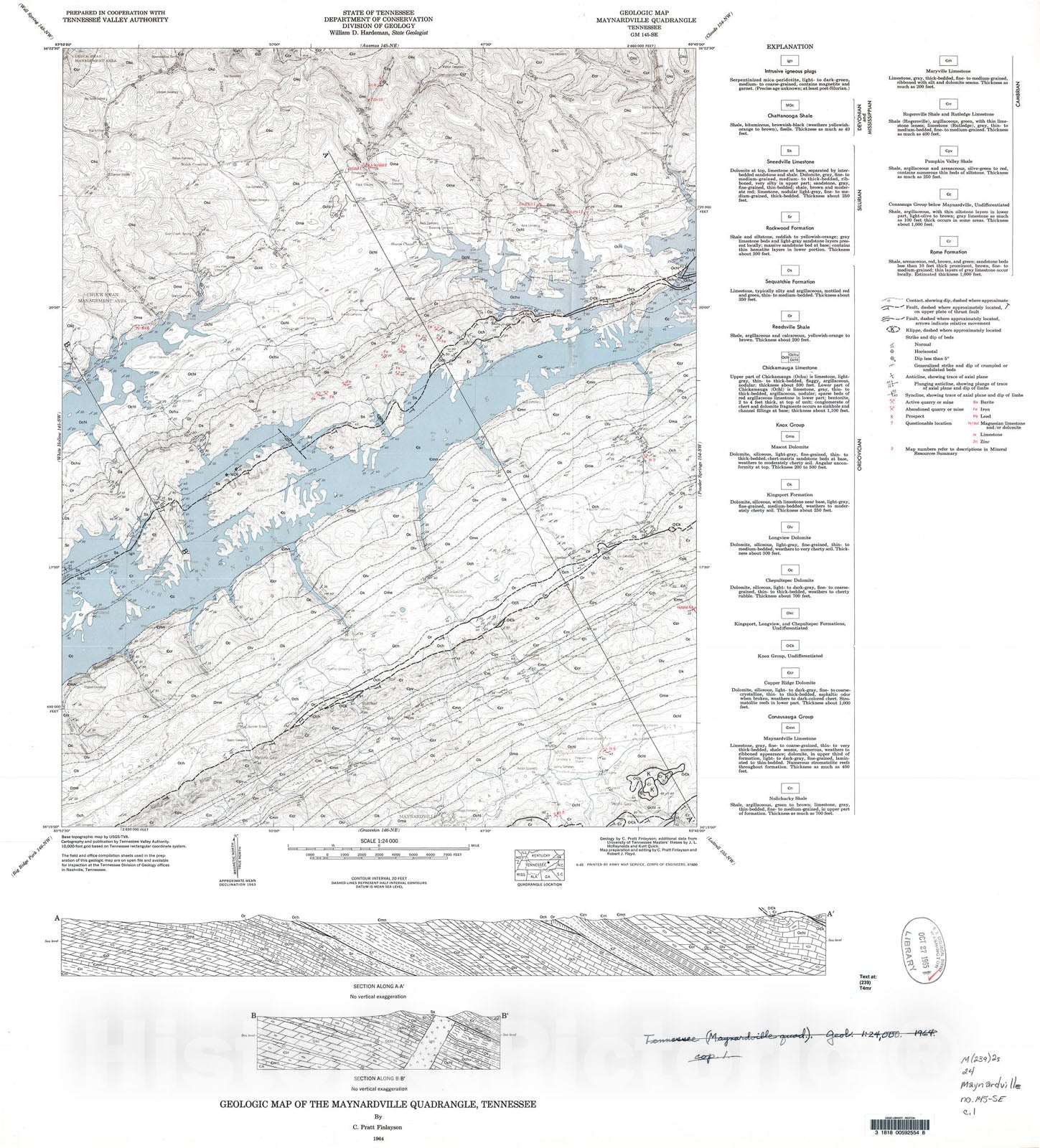 Map : Geologic Map and Mineral Resources Summary of the Maynardville Quadrangle, 1964 Cartography Wall Art :