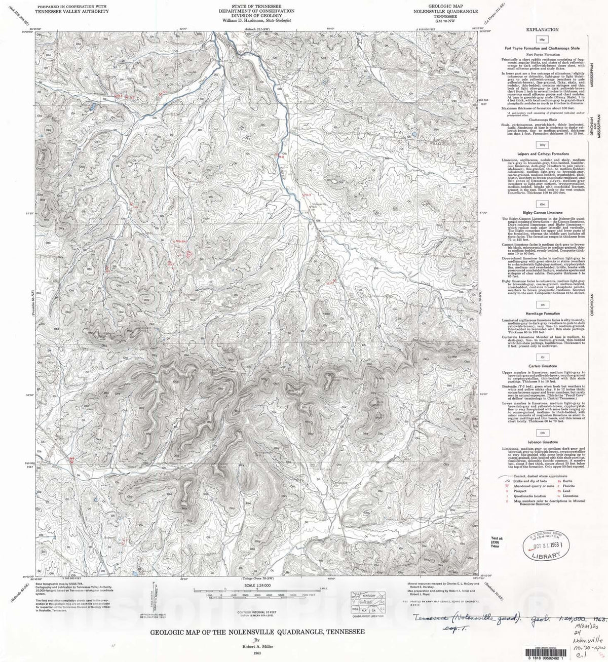 Map : Geologic Map and Mineral Resources Summary of the Nolensville Quadrangle, 1963 Cartography Wall Art :