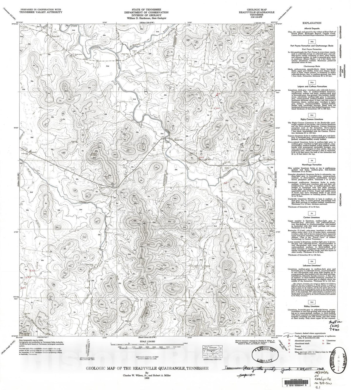 Map : Geologic Map and Mineral Resources Summary of the Readyville Quadrangle, 1968 Cartography Wall Art :