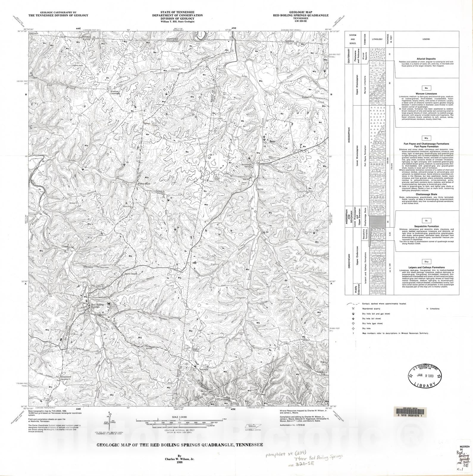 Map : Geologic Map and Mineral Resources Summary of the Red Boiling Springs Quadrangle, 1988 Cartography Wall Art :