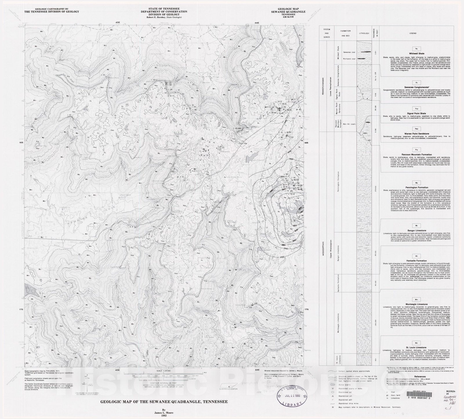 Map : Geologic Map and Mineral Resources Summary of the Sewanee Quadrangle, 1983 Cartography Wall Art :