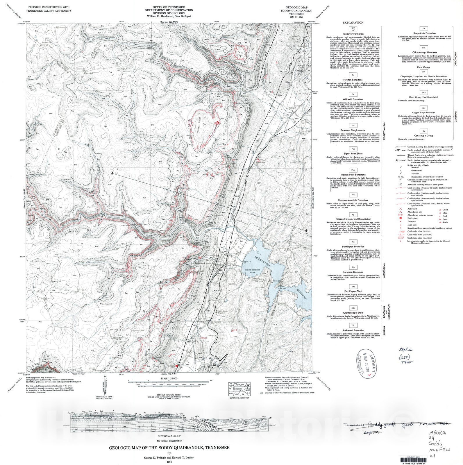 Map : Geologic Map and Mineral Resources Summary of the Soddy Quadrangle  (Blackline Copy Only), 1964 Cartography Wall Art :