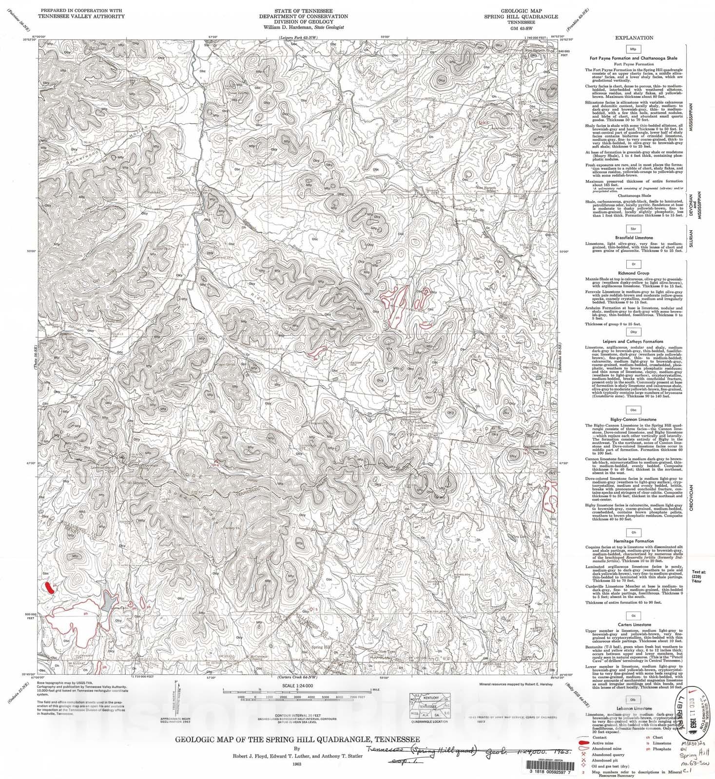 Map : Geologic Map and Mineral Resources Summary of the Spring Hill Quadrangle, 1963 Cartography Wall Art :