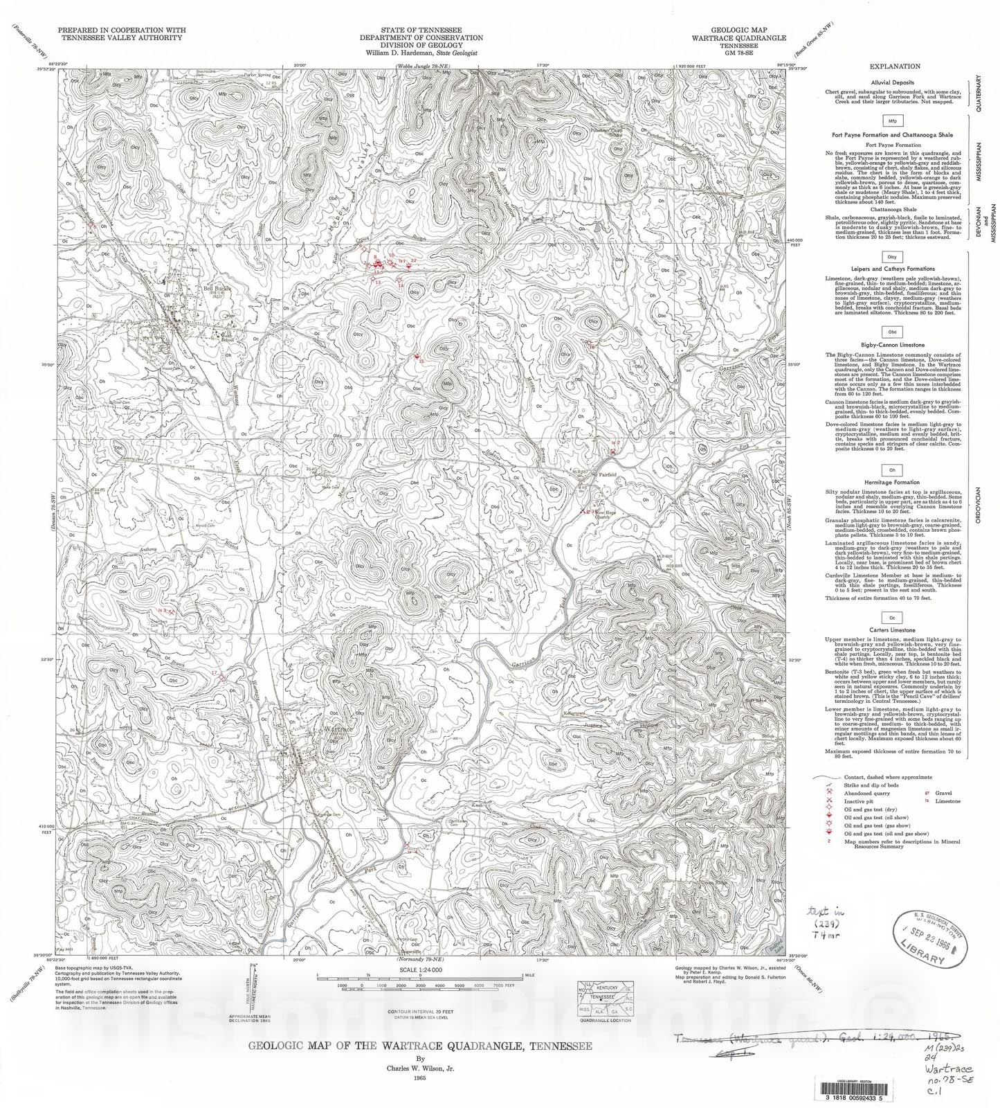 Map : Geologic Map and Mineral Resources Summary of the Wartrace Quadrangle, 1965 Cartography Wall Art :