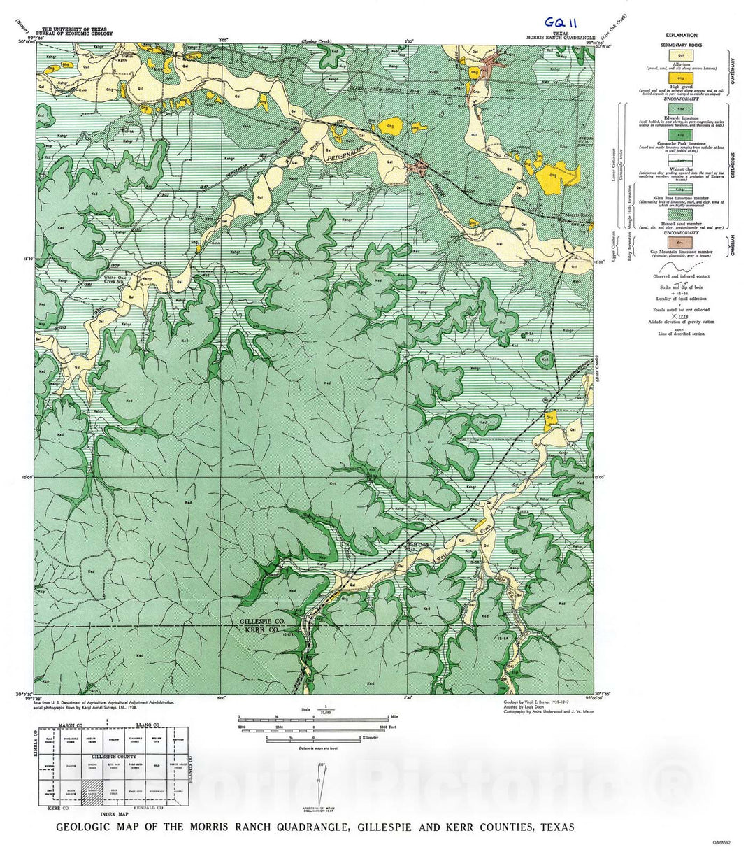 Map : Geologic map of the Morris Ranch quadrangle, Gillespie and Kerr Counties, Texas, 1952 Cartography Wall Art :