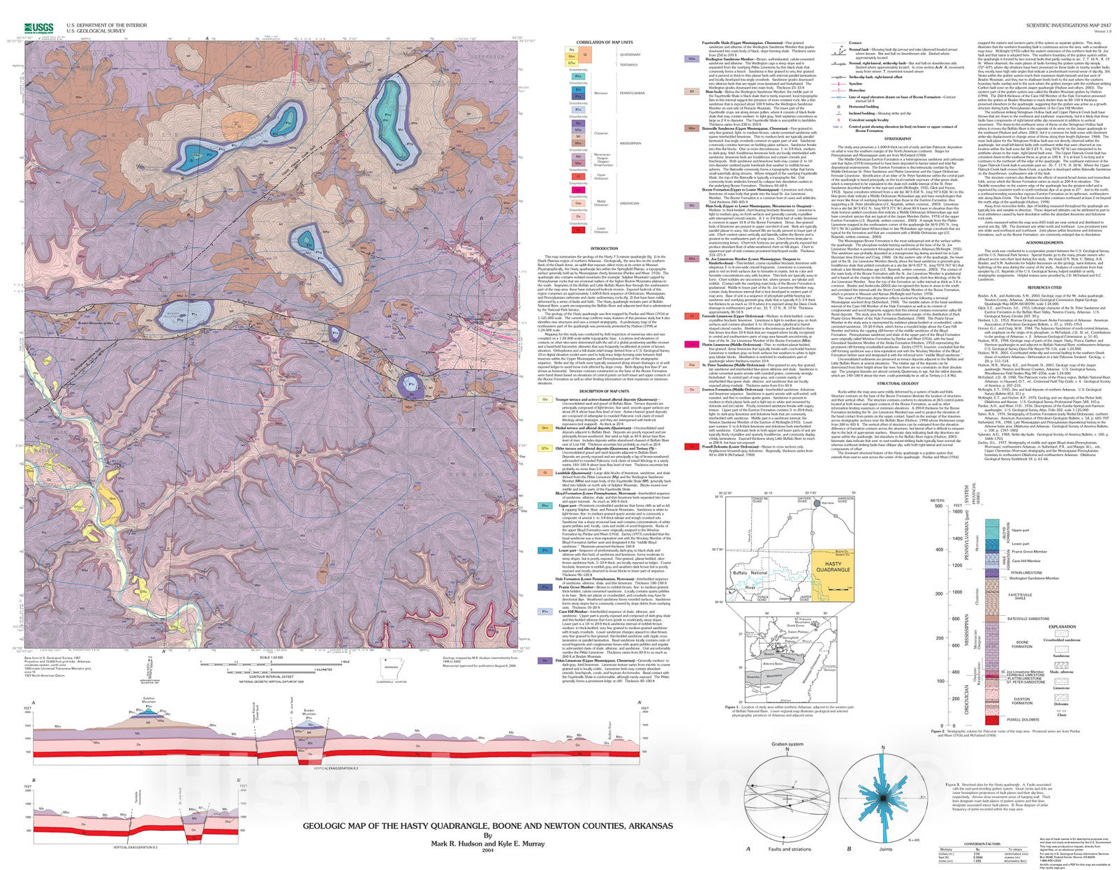Map : Geologic map of the Hasty quadrangle, Boone and Newton Counties, Arkansas, 2004 Cartography Wall Art :