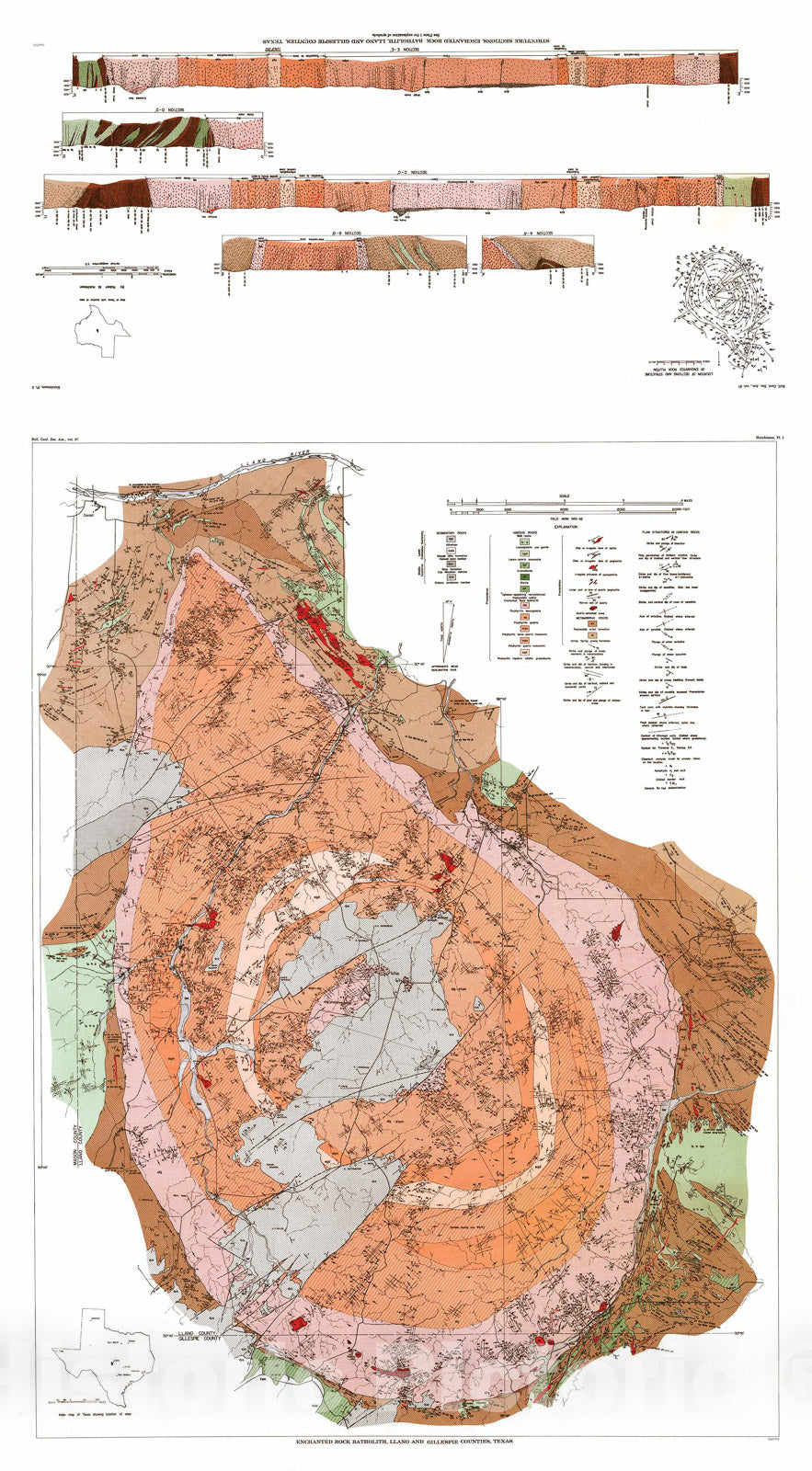 Map : Enchanted rock batholith, Llano and Gillespie Counties, Texas, 1956 Cartography Wall Art :