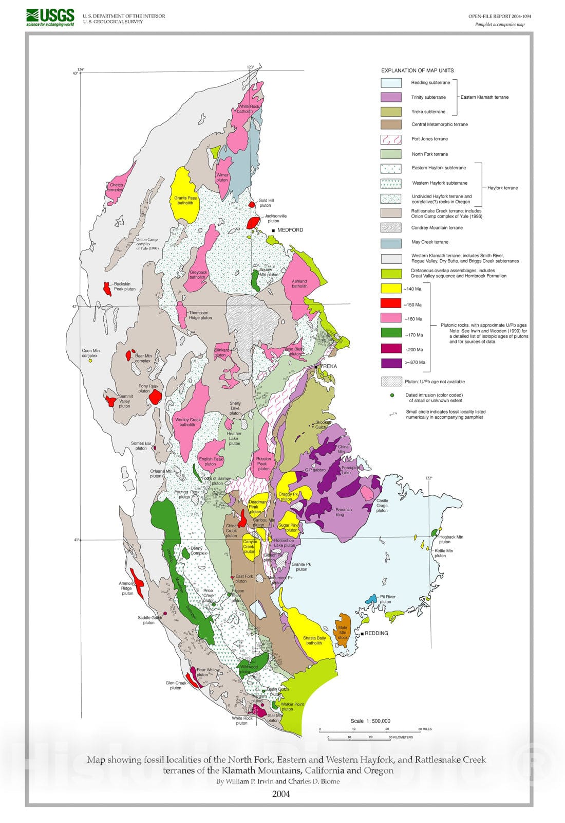 Map : Map showing fossil localities of the Rattlesnake Creek, western and eastern Hayfork and North Fork terranes of the Klamath Mountains, 2004 Cartography Wall Art :