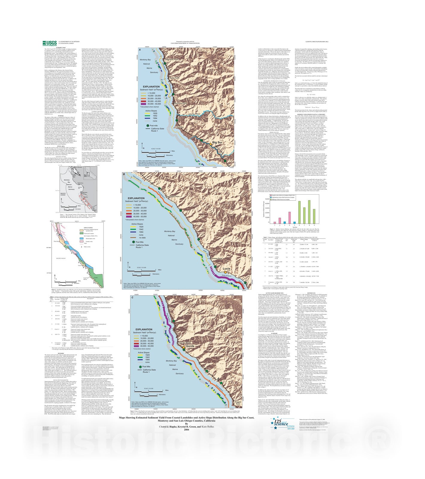 Map : Maps showing estimated sediment yield from coastal landslides and active slope distribution along the Big Sur coast, Monterey , 2004 Cartography Wall Art :