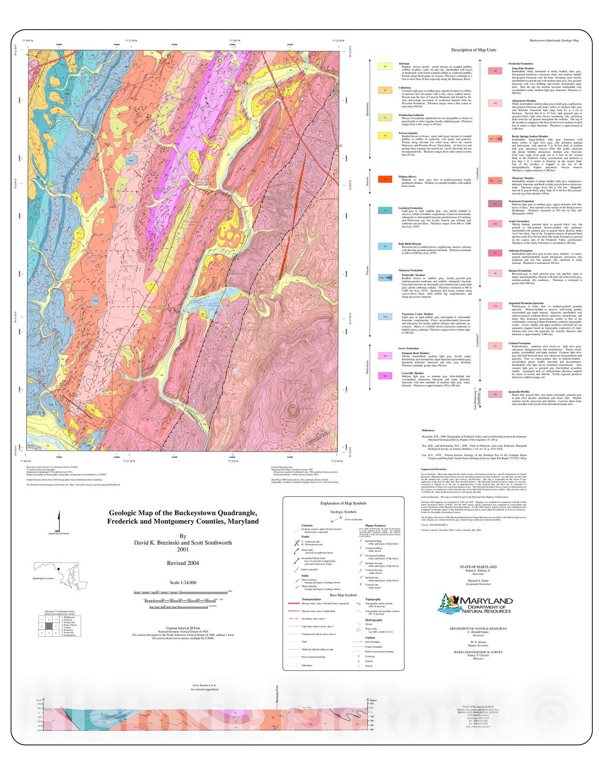Map : Geologic map of the Buckeystown quadrangle, Frederick and Montgomery Counties, Maryland, 2004 Cartography Wall Art :