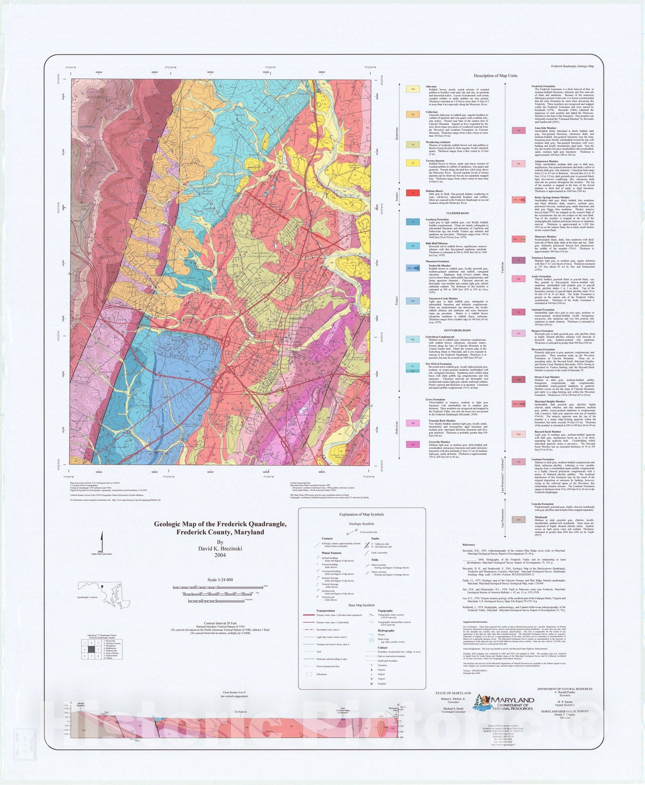 Map : Geologic map of the Frederick quadrangle, Frederick County, Maryland, 2004 Cartography Wall Art :
