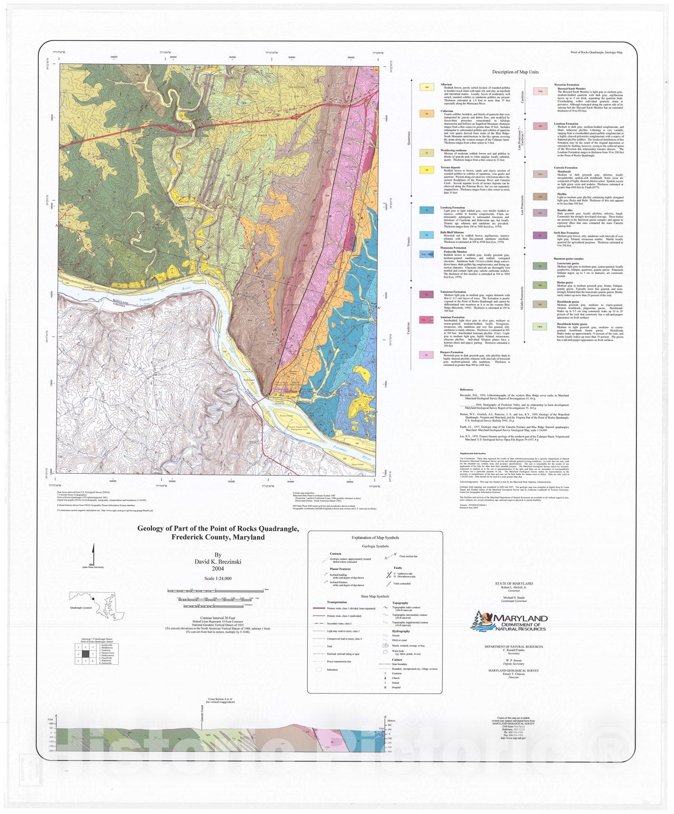 Map : Geologic map of part of the Point of Rocks quadrangle, Frederick County, Maryland, 2004 Cartography Wall Art :