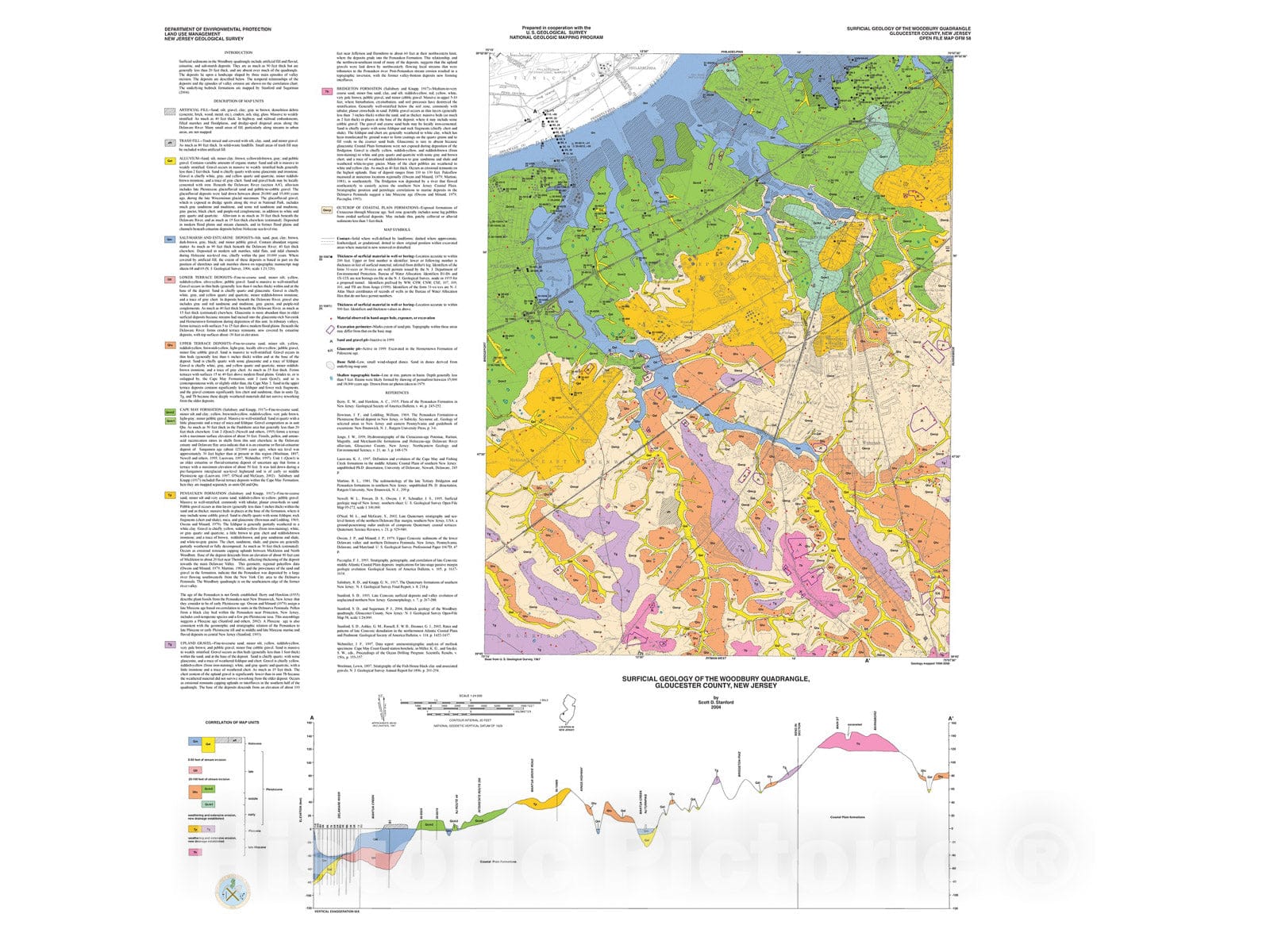 Map : Surficial geology of the Woodbury quadrangle, Gloucester County, New Jersey, 2004 Cartography Wall Art :