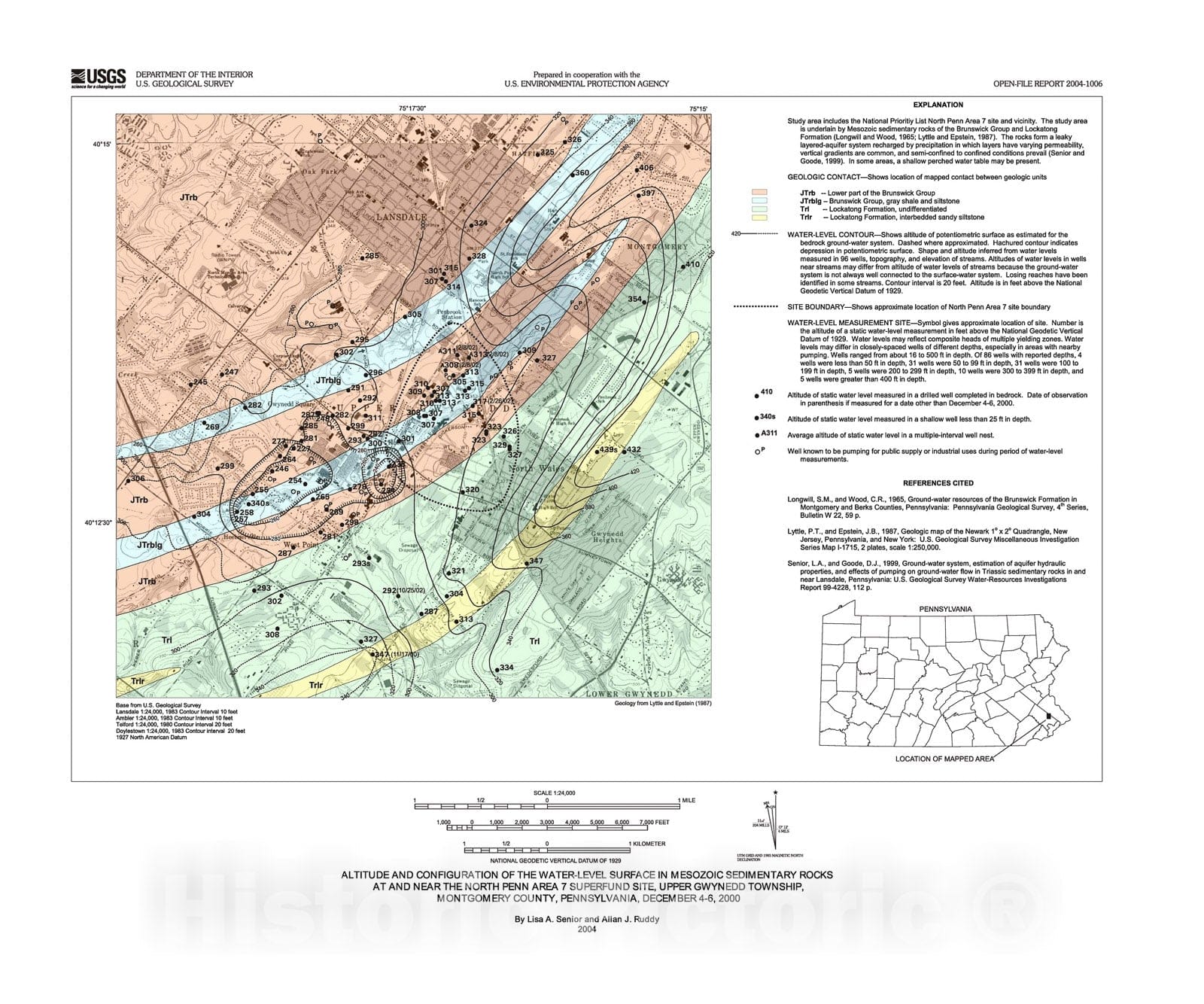 Map : Altitude and configuration of the water-level surface in Mesozoic sedimentary rocks at and near the North Penn, 2004 Cartography Wall Art :