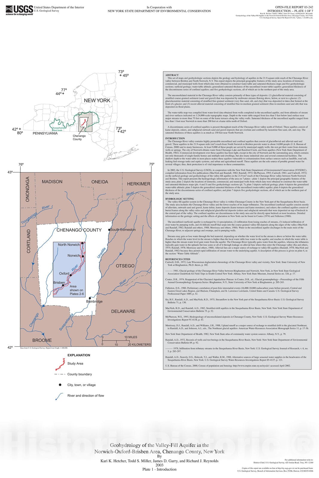 Map : Geohydrology of the valley-fill aquifer in the Norwich-Oxford-Brisben area, Chenango County, New York, 2003 Cartography Wall Art :