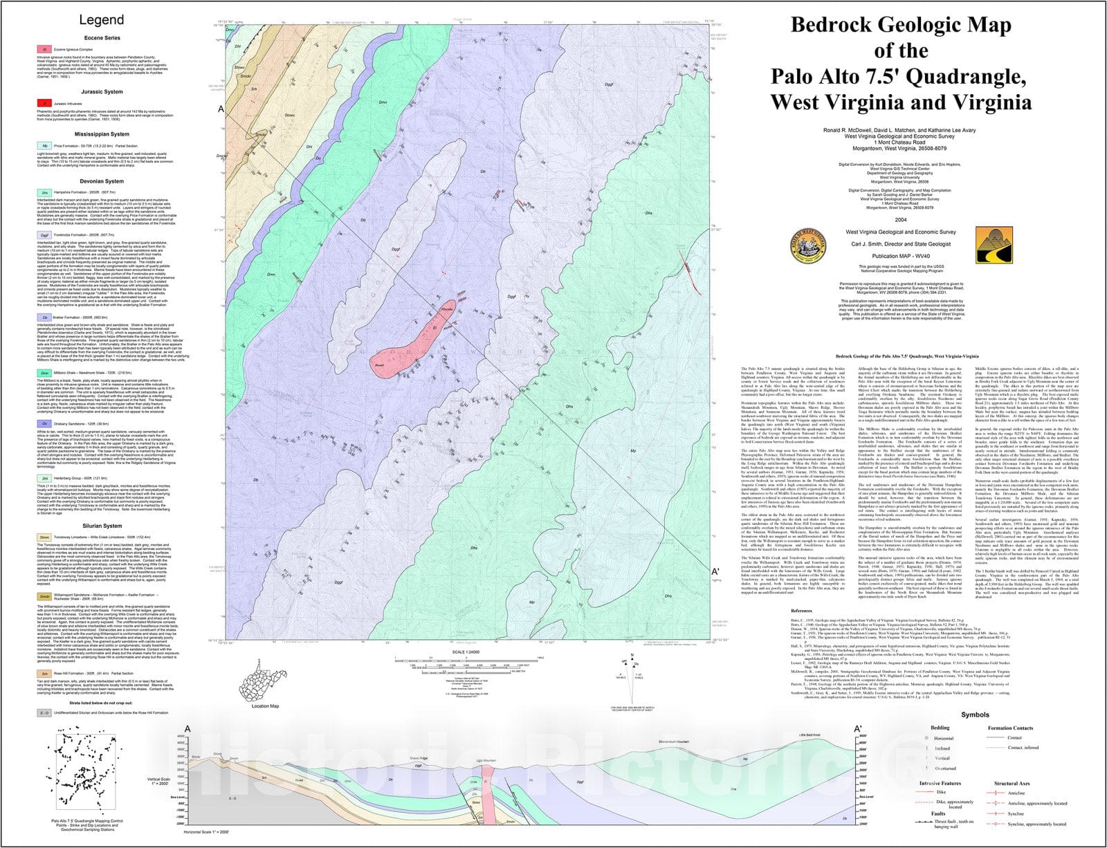 Map : Bedrock Geologic Map of the Palo Alto 7.5' Quadrangle, West Virginia and Virginia, 2004 Cartography Wall Art :