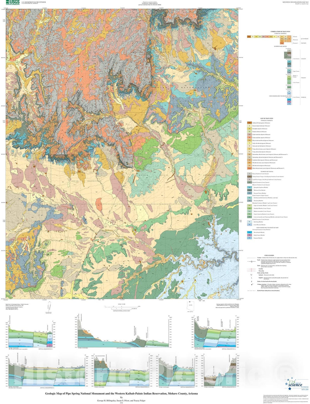 Map : Geologic map of Pipe Spring National Monument and the western Kaibab-Paiute Indian Reservation, Mohave County, Arizona, 2004 Cartography Wall Art :