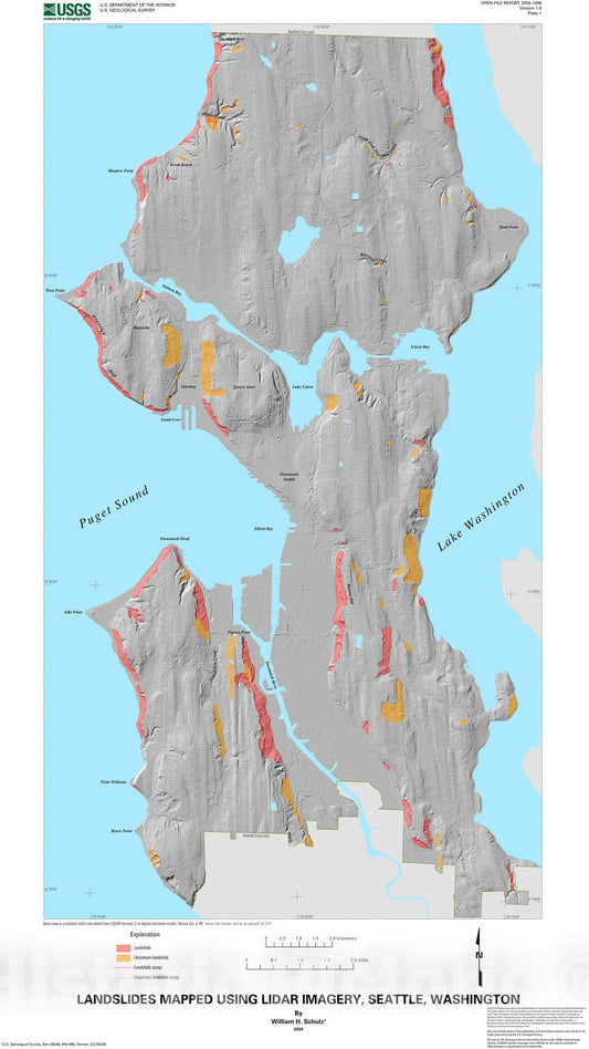 Map : Landslides mapped using LIDAR imagery, Seattle, Washington, 2004 Cartography Wall Art :
