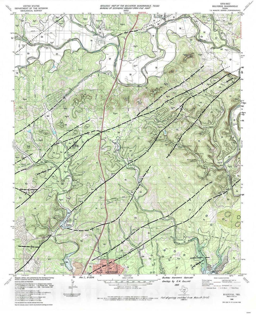 Map : Geologic map of the Bulverde quadrangle, Texas, 1993 Cartography Wall Art :