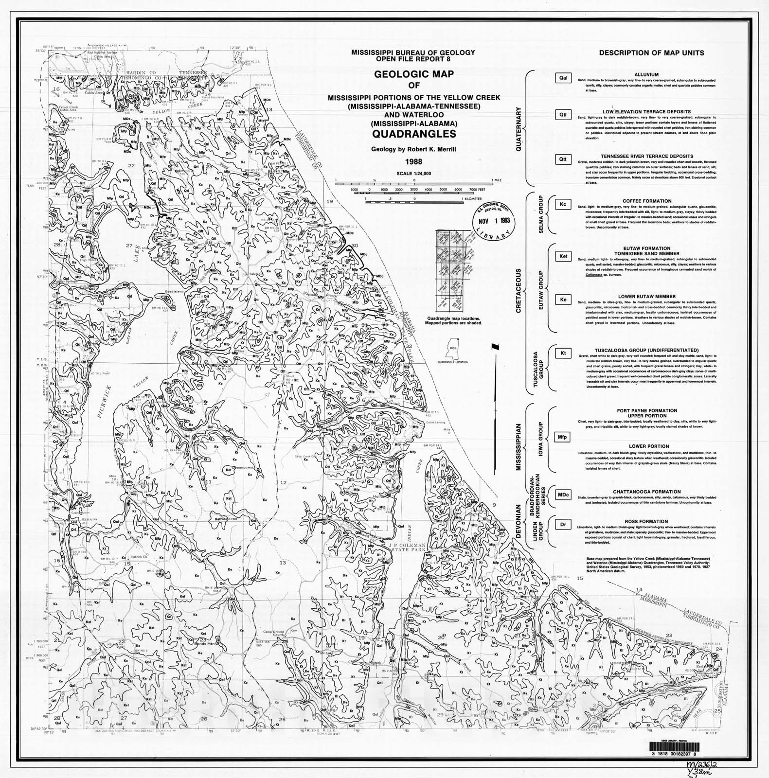 Map : Geologic map of Mississippi portions of the Yellow Creek (Mississippi - Alabama - Tennessee) and Waterloo (Mississippi - Alabama) quadrangles, 1988 Cartography Wall Art :