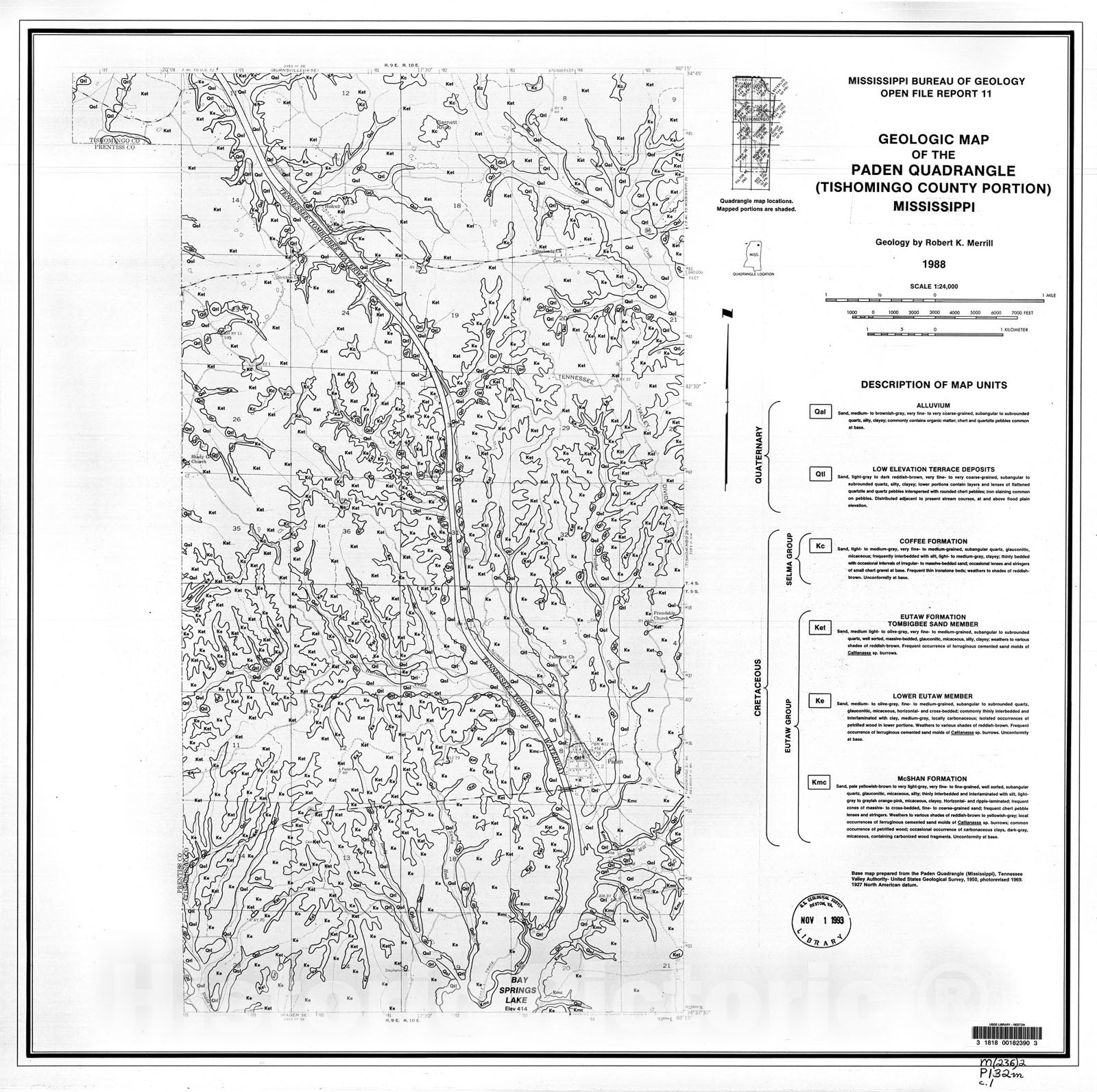 Map : Geologic map of the Paden quadrangle (Tishomingo County portion), Mississippi, 1988 Cartography Wall Art :