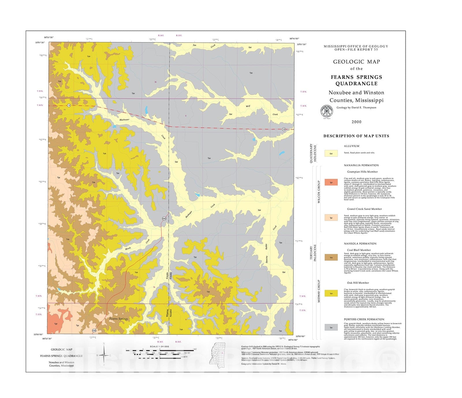Map : Geologic map of the Fearns Springs quadrangle, Noxubee and Winston Counties, Mississippi, 2000 Cartography Wall Art :