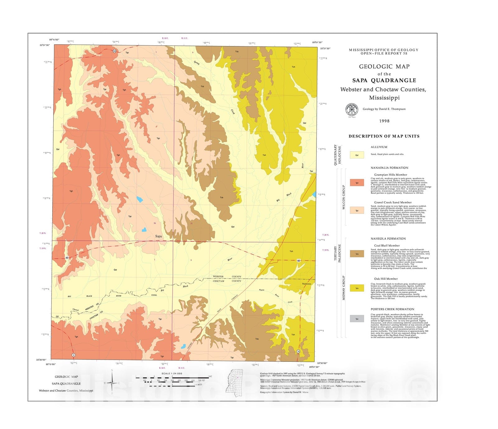 Map : Geologic map of the Sapa quadrangle, Webster and Choctaw Counties, Mississippi, 1998 Cartography Wall Art :