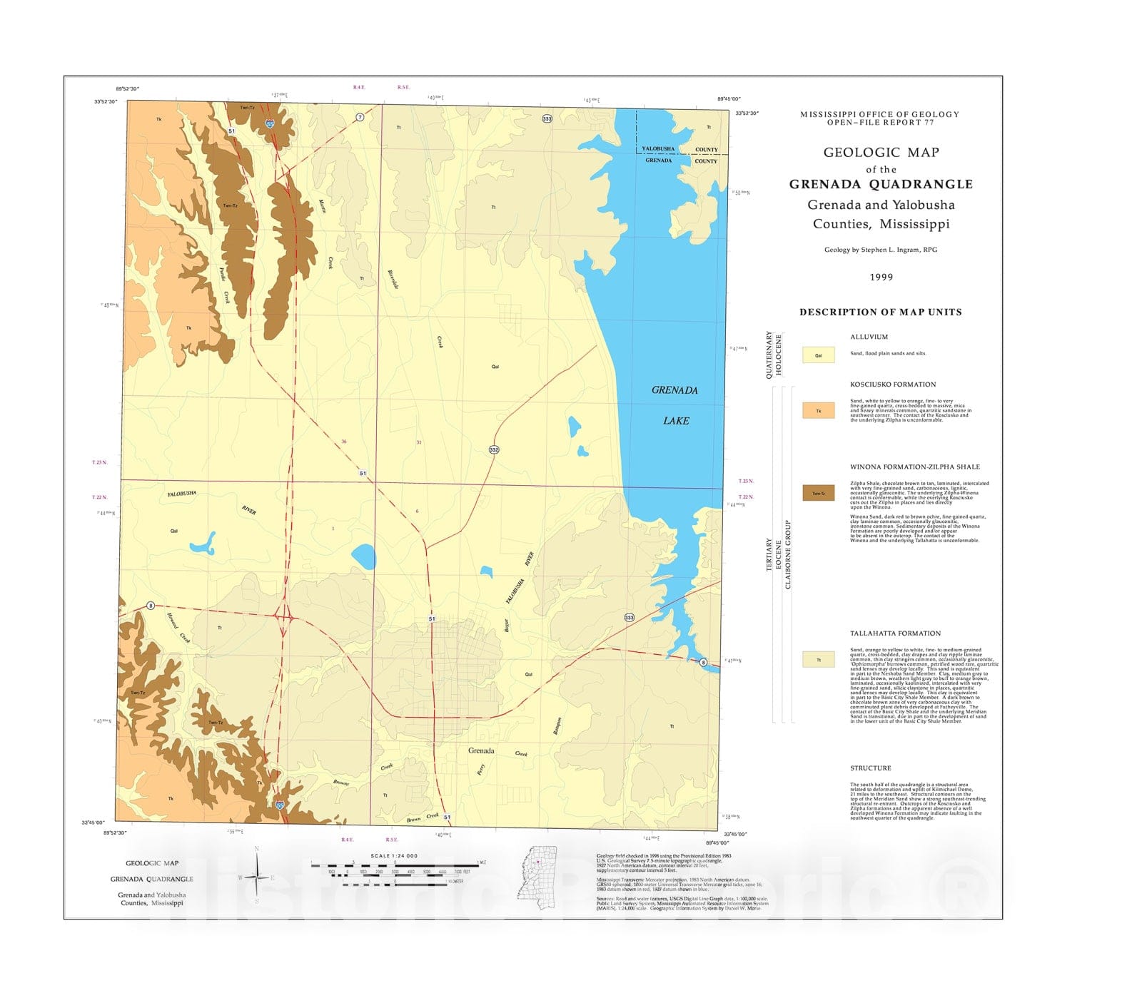 Map : Geologic map of the Grenada quadrangle, Grenada and Yalobusha Counties, Mississippi, 1999 Cartography Wall Art :