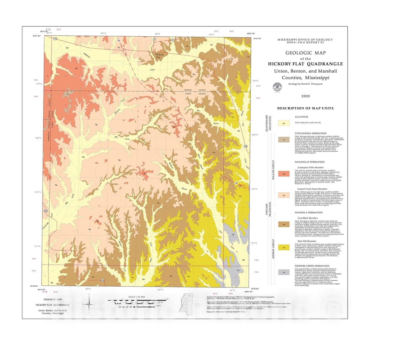 Map : Geologic map of the Hickory Flat quadrangle, Union, Benton, and Marshall Counties, Mississippi, 2000 Cartography Wall Art :