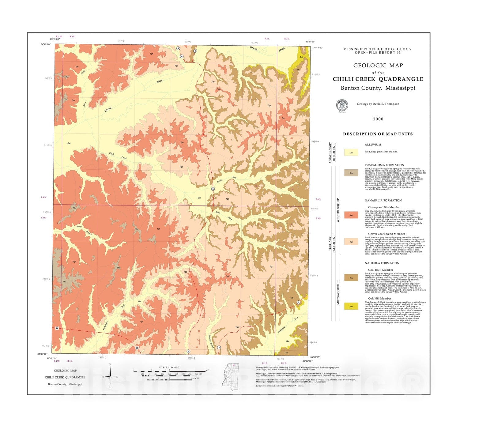 Map : Geologic map of the Chilli Creek quadrangle,  Benton County, Mississippi, 2000 Cartography Wall Art :