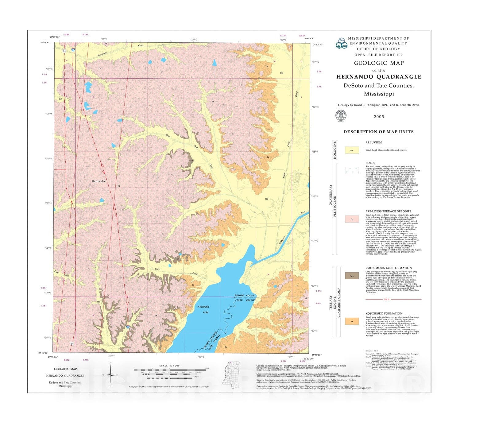Map : Geologic map of the Hernando quadrangle, DeSoto and Tate Counties, Mississippi, 2003 Cartography Wall Art :
