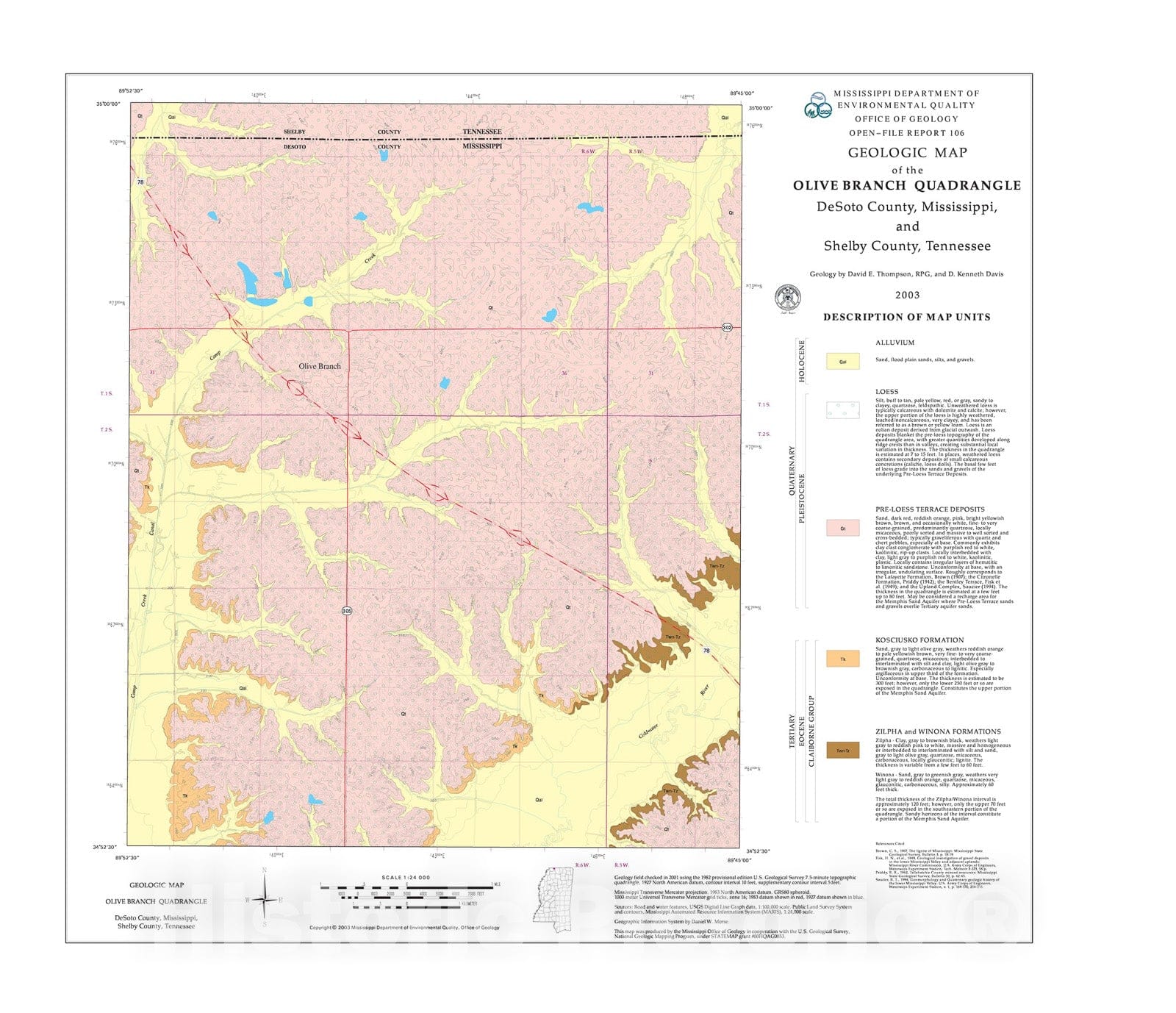 Map : Geologic map of the Olive Branch quadrangle, DeSoto County, Mississippi, and Shelby County, Tennessee, 2003 Cartography Wall Art :