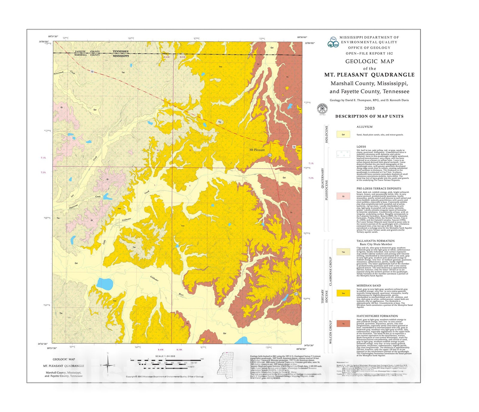 Map : Geologic map of the Mt. Pleasant quadrangle, Marshall County, Mississippi, and Fayette County, Tennessee, 2003 Cartography Wall Art :