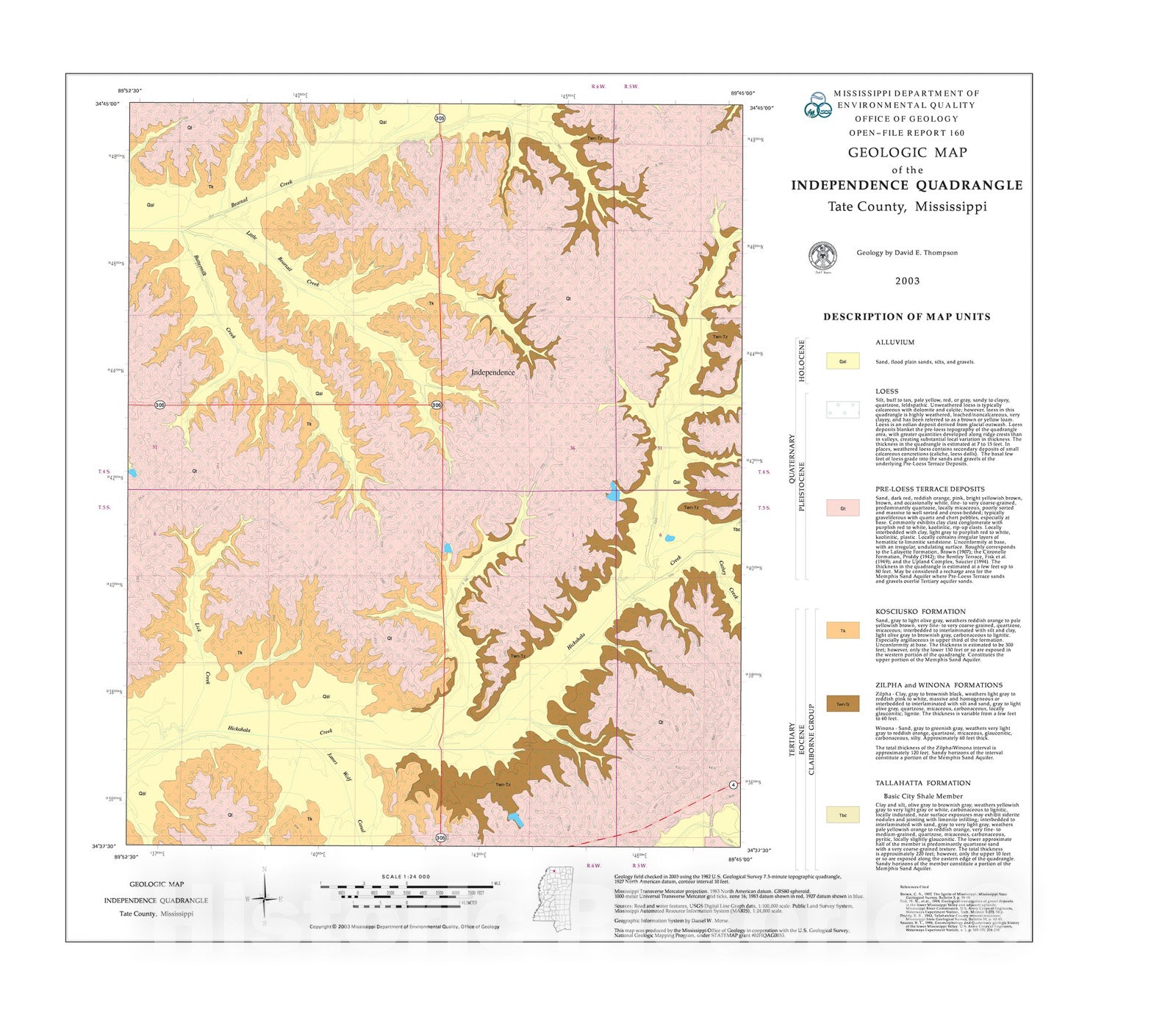 Map : Geologic map of the Independence quadrangle, Tate County, Mississippi, 2003 Cartography Wall Art :