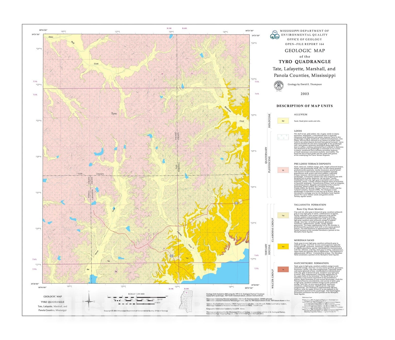 Map : Geologic map of the Tyro quadrangle, Tate, Lafayette, Marshall, and Panola Counties, Mississippi, 2003 Cartography Wall Art :