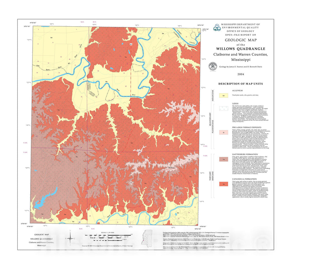 Map : Geologic map of the Willows quadrangle, Claiborne and Warren Counties, Mississippi, 2004 Cartography Wall Art :