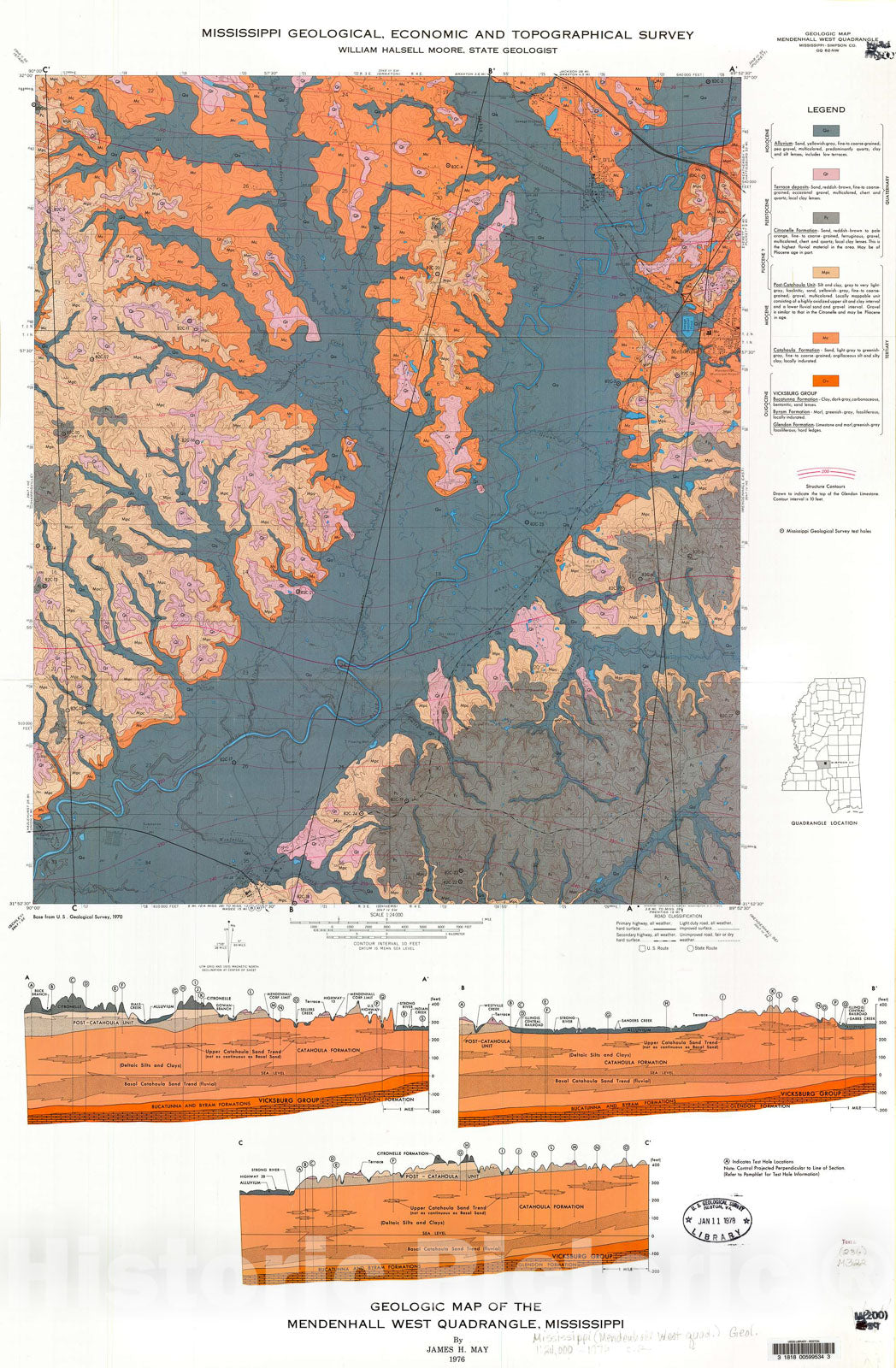 Map : General geology and mineral resources of the Mendenhall West quadrangle, Mississippi, 1976 Cartography Wall Art :