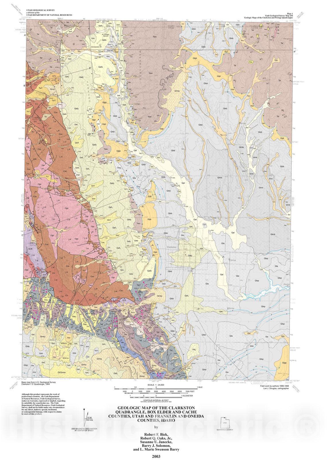 Map : Geologic map of the Clarkston and Portage quadrangles, Box Elder and Cache Counties, Utah, and Franklin and Oneida Counties, Idaho, 2003 Cartography Wall Art :