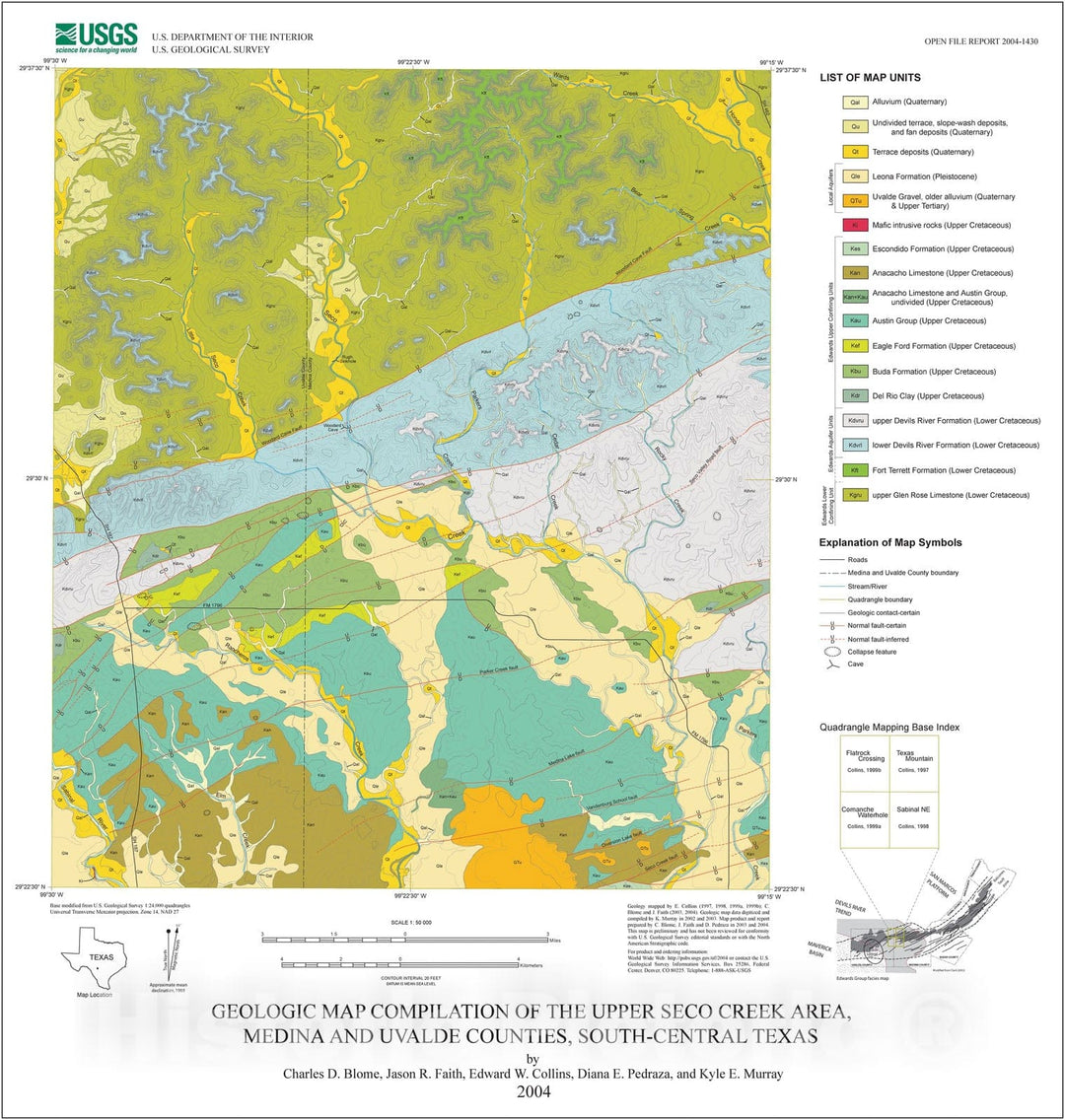 Map : Geologic map compilation of the upper Seco Creek area, Medina and Uvalde Counties, south-central Texas, 2004 Cartography Wall Art :
