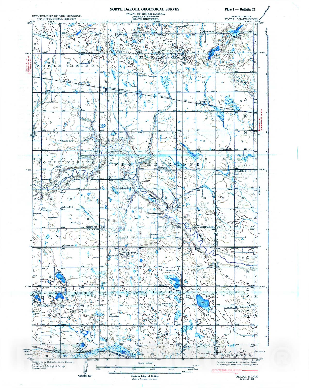 Map : The geology of the Flora quadrangle [Benson, Wells, and Eddy Counties, North Dakota], 1947 Cartography Wall Art :