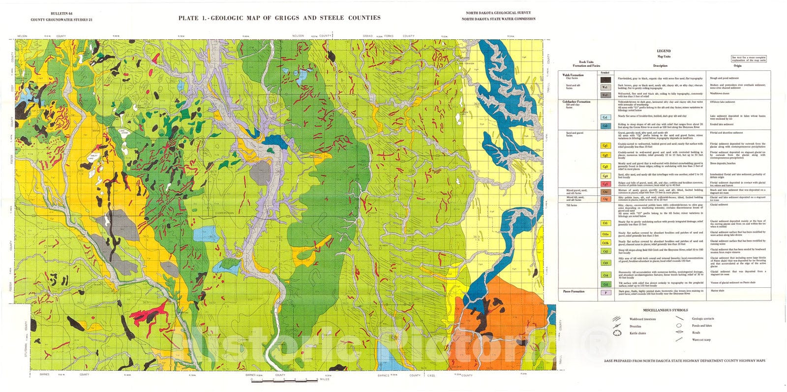 Map : Geology of Griggs and Steele Counties [North Dakota]:  part I - geology, 1975 Cartography Wall Art :