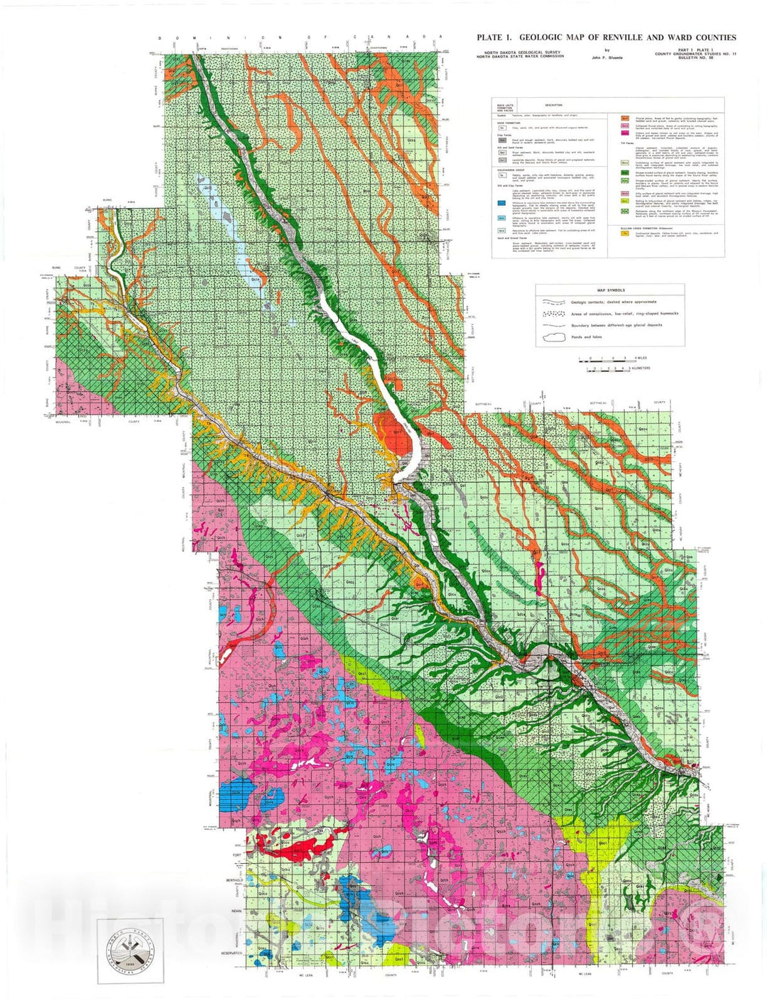 Map : Geology of Renville and Ward Counties, North Dakota:  part I - geology, 1989 Cartography Wall Art :