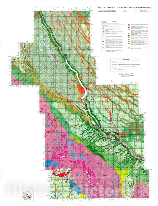Map : Geology of Renville and Ward Counties, North Dakota:  part I - geology, 1989 Cartography Wall Art :