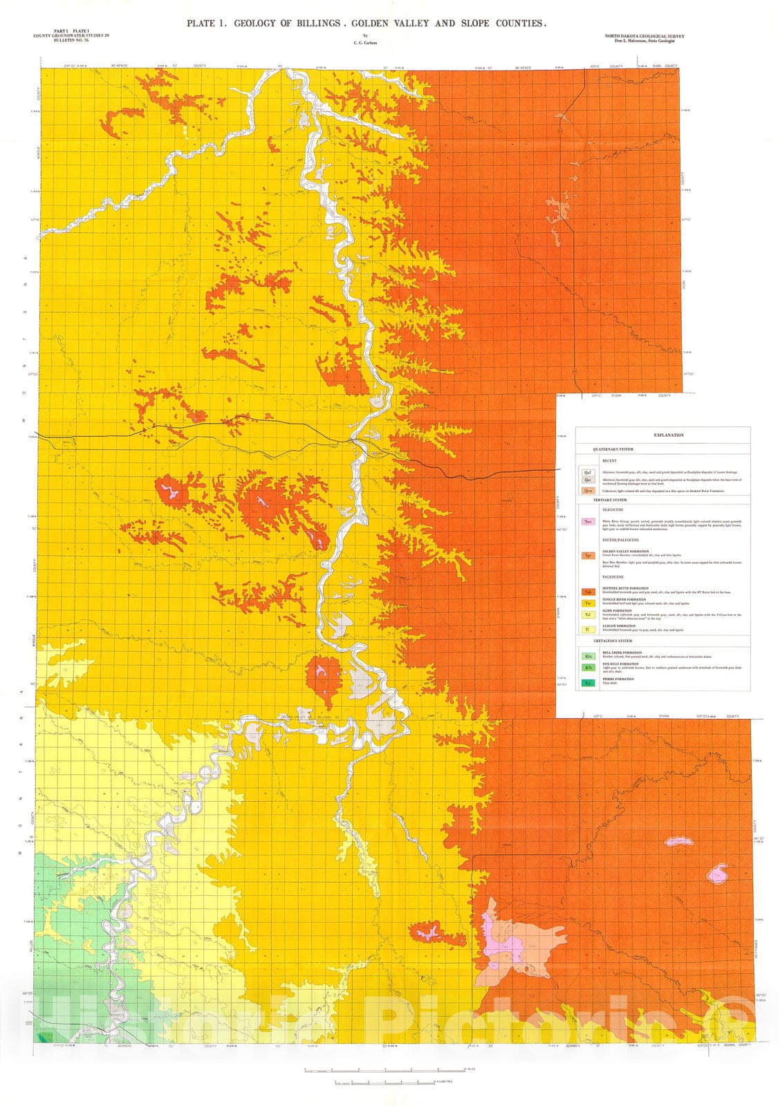 Map : Geology of Billings, Golden Valley, and Slope Counties, North Dakota:  part I, 1983 Cartography Wall Art :